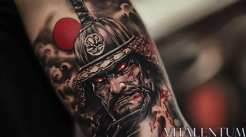 Samurai Warrior Arm Tattoo with Red Eyes AI Image