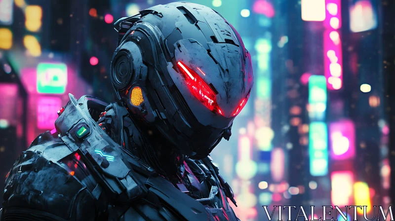 Cyborg with Red Eyes in Neon City AI Image