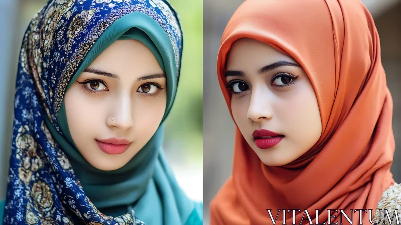 Dual Portrait of Women in Headscarves AI Image