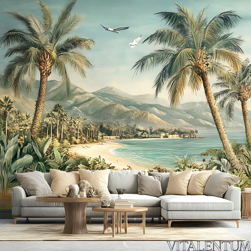 AI ART Tropical Beach Scene with Palm Trees