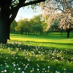 Floral Meadow Underneath Blooming Trees