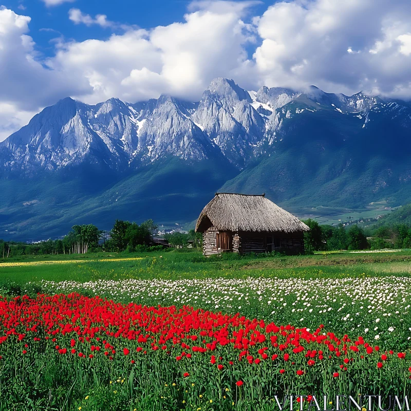 AI ART Rustic Cabin in Mountain Flower Field