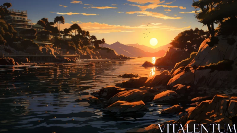 Animated Sunset Over Lake: A Lively Coastal Landscape AI Image