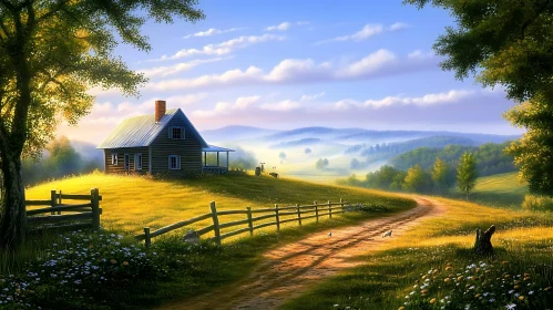 Idyllic Rural Scene with Cottage and Meadow