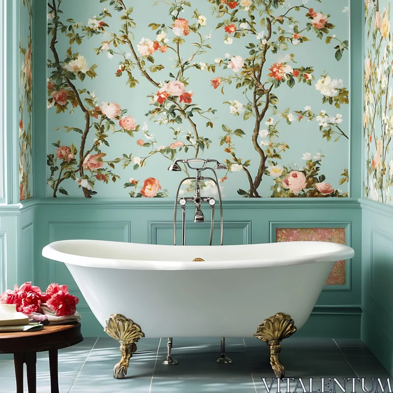 Vintage Bathroom with Floral Wallpaper and Bathtub AI Image