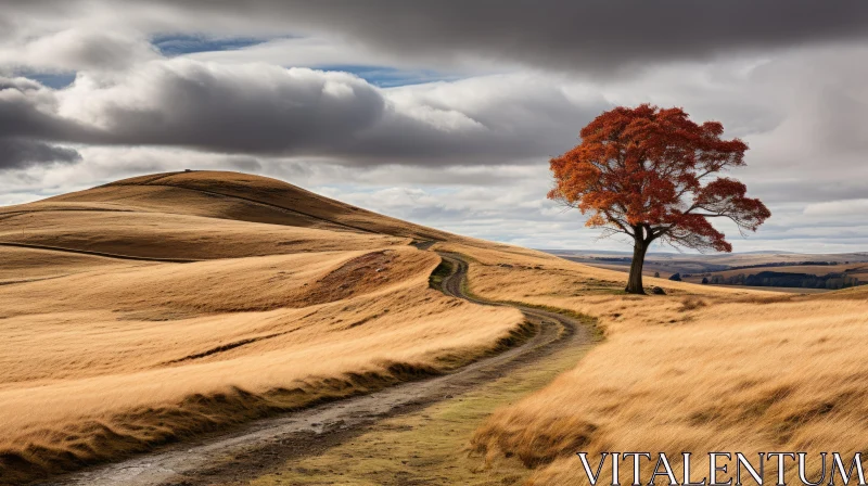 Captivating Nature: A Solitary Tree on an Orange Colored Hill AI Image
