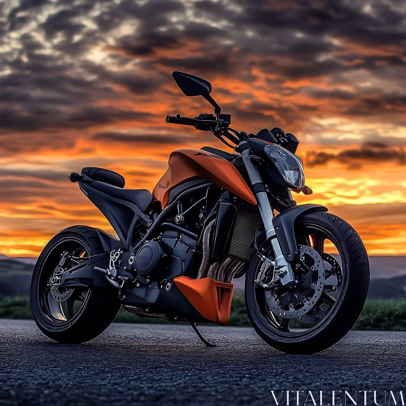 AI ART Orange Motorcycle Against Sunset Sky