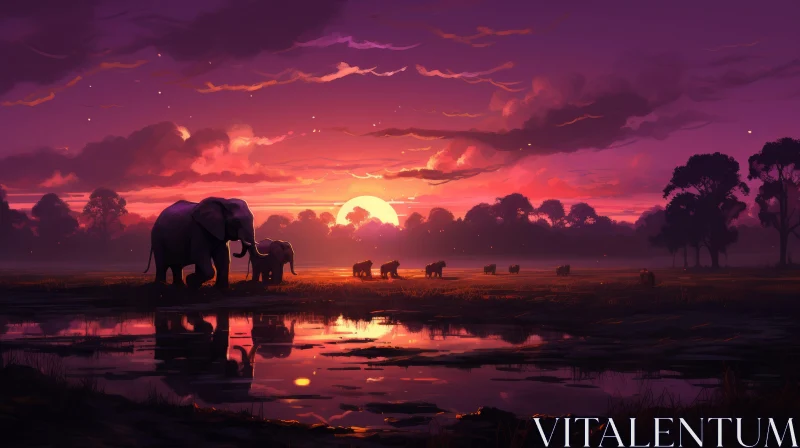 Elephants at Sunset: A Digital Painting Masterpiece AI Image