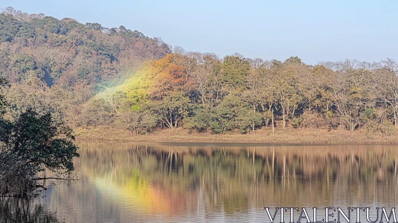 Tranquil Lake with Forest and Rainbow Reflection AI Image