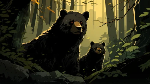 Graphic Novel Inspired Illustration of Bears in Forest