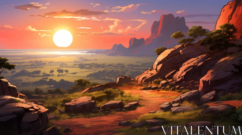 Sunrise Over Mountains: A Fusion of Traditional African Art and Colorful Cartoons AI Image