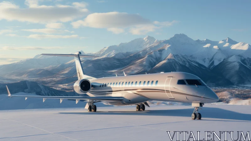 White Private Jet Parked on Snowy Terrain | Precisionist Lines AI Image