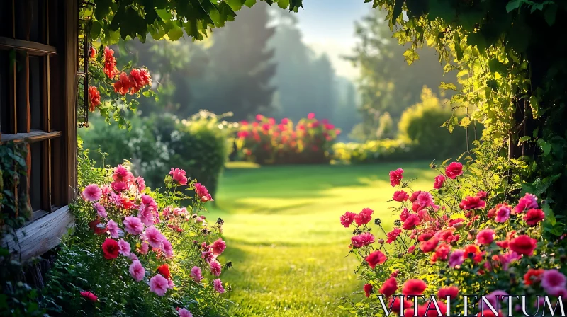 Floral Garden Scenery with Sunlight AI Image