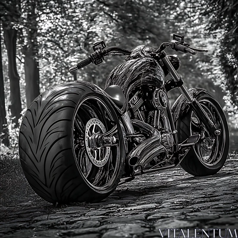 Chrome Motorcycle in the Woods AI Image