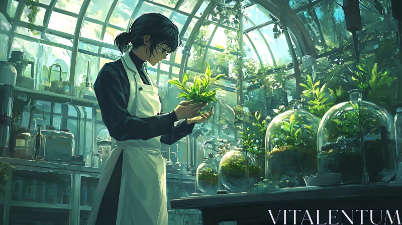 Botanical Greenhouse Scene with Plant Care AI Image