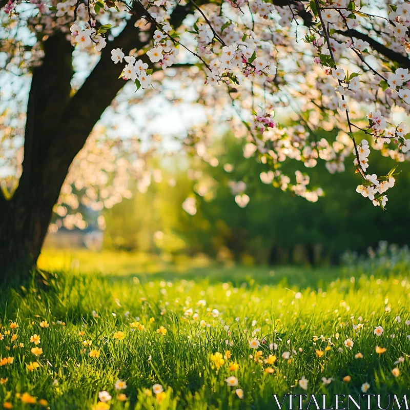 AI ART Floral Meadow Under Blooming Tree