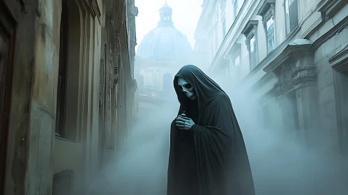 Cloaked Figure in Mist-Shrouded Cityscape