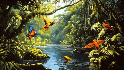 Tropical Birds in Rainforest Scenery