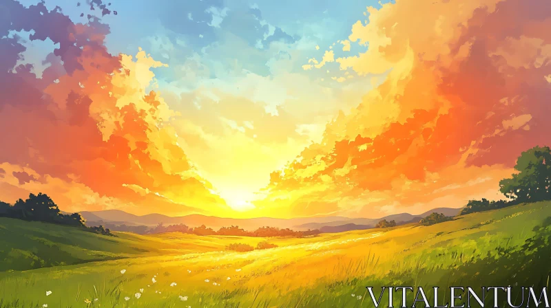 AI ART Golden Sunset Meadow Scenery