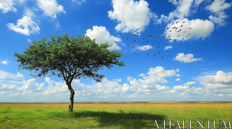 Solitary Tree in Field with Birds AI Image