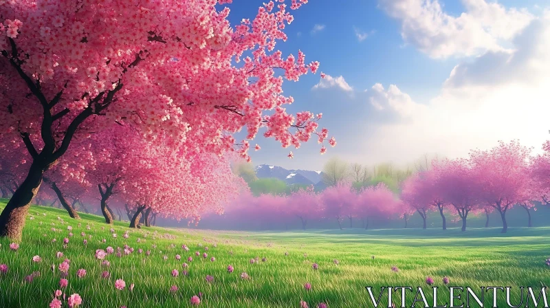 AI ART Pink Blossoms in Verdant Field