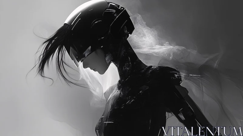 Sleek Monochrome Cyborg with High-Tech Helmet AI Image