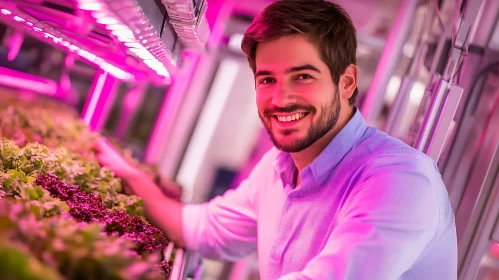 Man Cultivating Greens Under Pink Lights