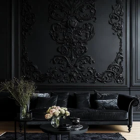 Black Velvet Sofa and Ornate Wall Carvings