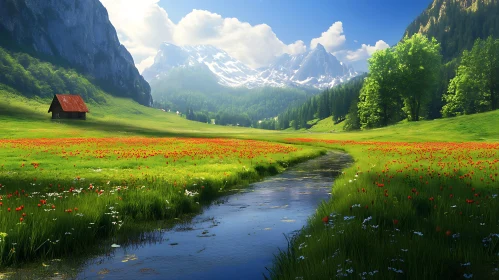 Idyllic Mountain Valley with Floral Meadow