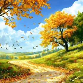 Autumnal Path with Golden Trees