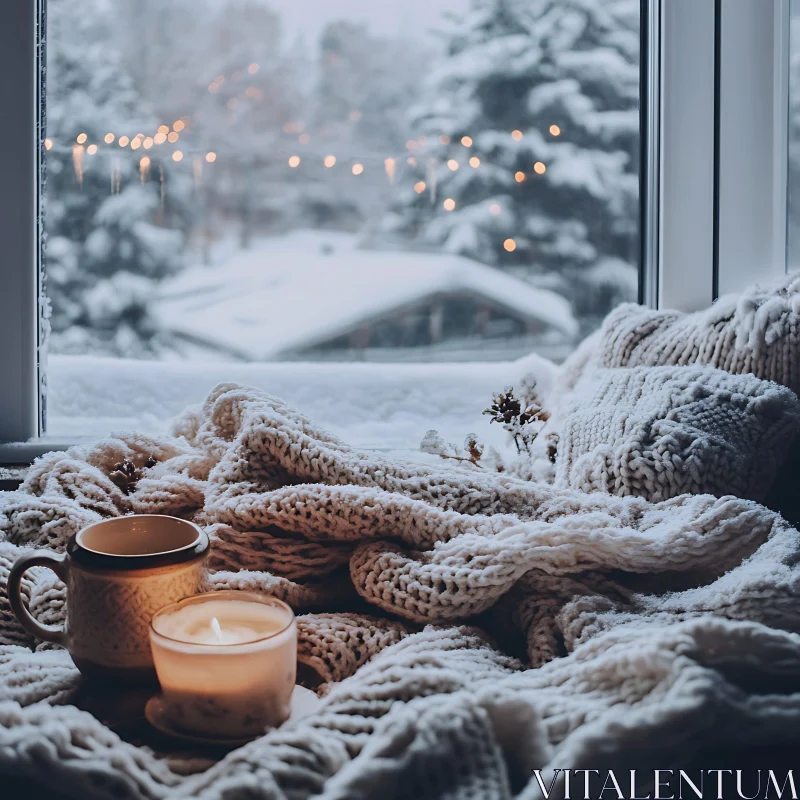 AI ART Winter Warmth: Candle and Coffee by Snowy Window