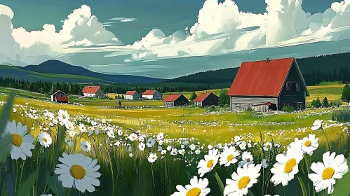 Idyllic Countryside with Daisies and Red Roofs