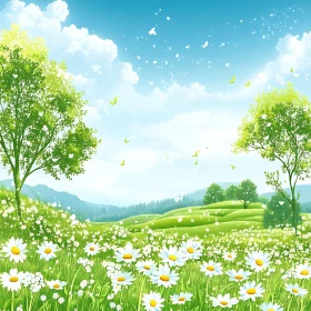 Lush Green Field with Daisy Flowers