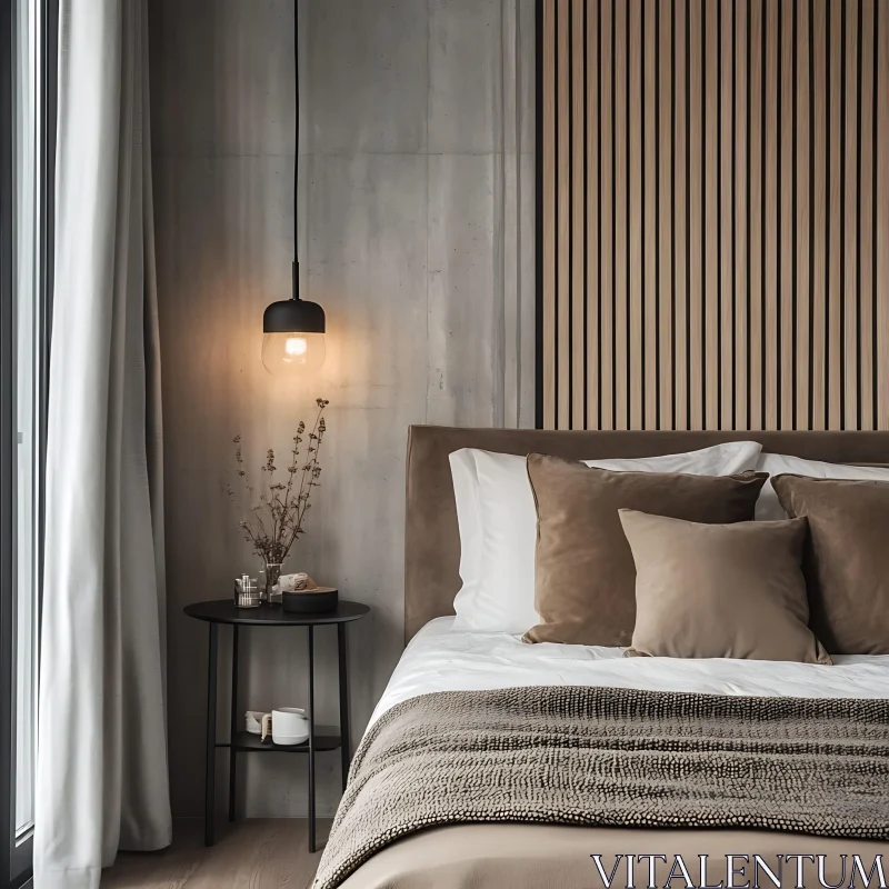 AI ART Minimalist Bedroom Design with Wooden Wall