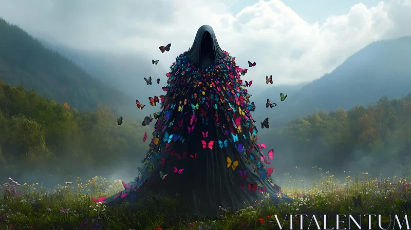 AI ART Enigmatic Butterfly Figure in Misty Field