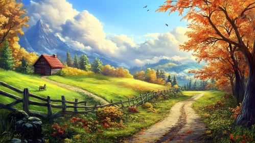 Scenic Autumn Landscape with Cabin