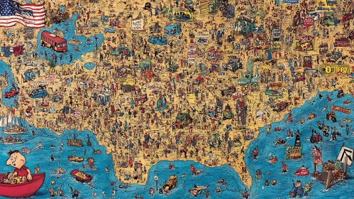 Detailed USA Map with Cartoon Figures