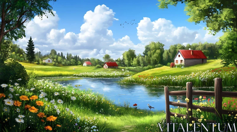 Scenic Lake View with Houses and Flowers AI Image