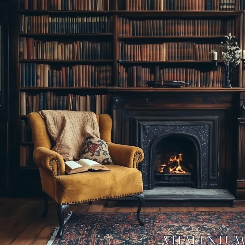 Armchair by the Fireplace in Library AI Image