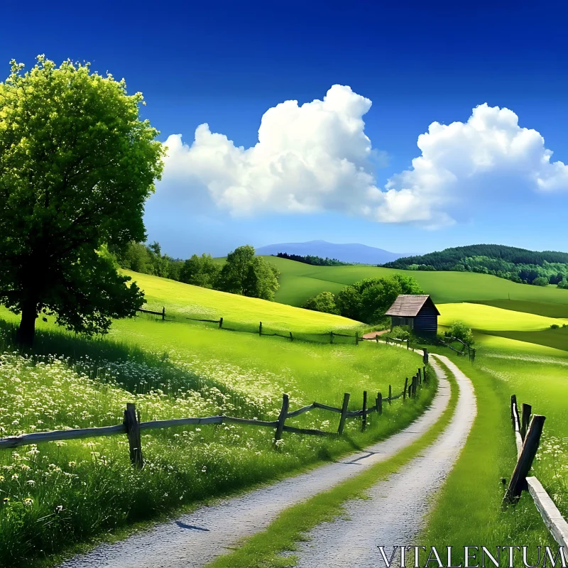 AI ART Lush Green Field and Blue Sky Image