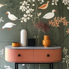 Stylish Console Table with Vases and Wallpaper