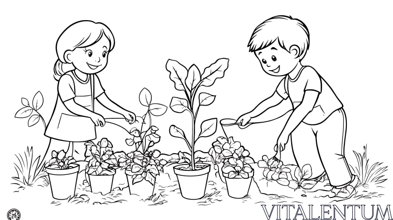 Kids Planting Seedlings Artwork AI Image