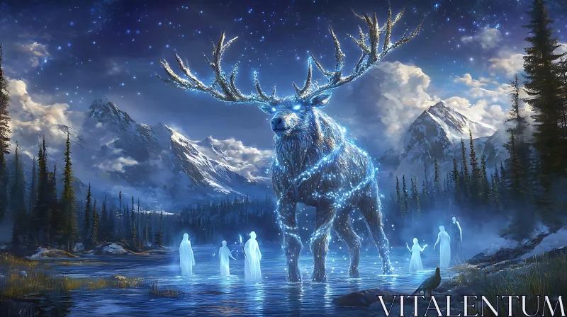 AI ART Glowing Deer with Spirits by Lake