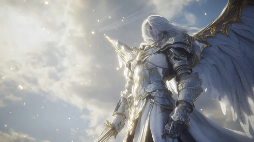 Armored Angel Amidst Ethereal Clouds