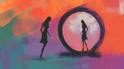 Silhouette of Woman in Abstract Portal Painting