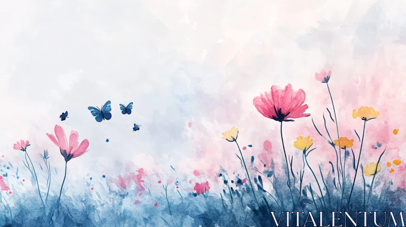 Watercolor Floral Meadow with Butterflies AI Image