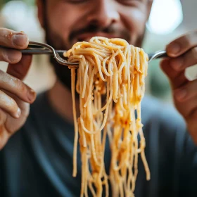 Man Enjoying a Forkful of Spaghetti