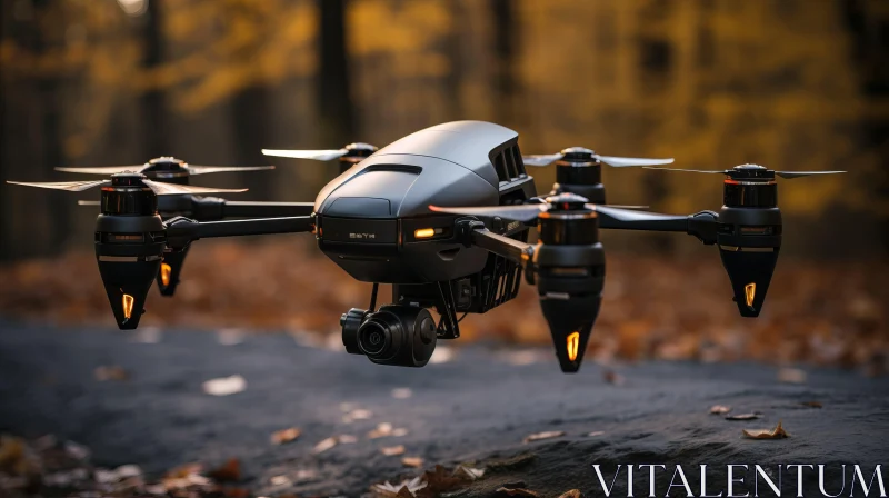 Black Drone Flight over Autumn Forest AI Image