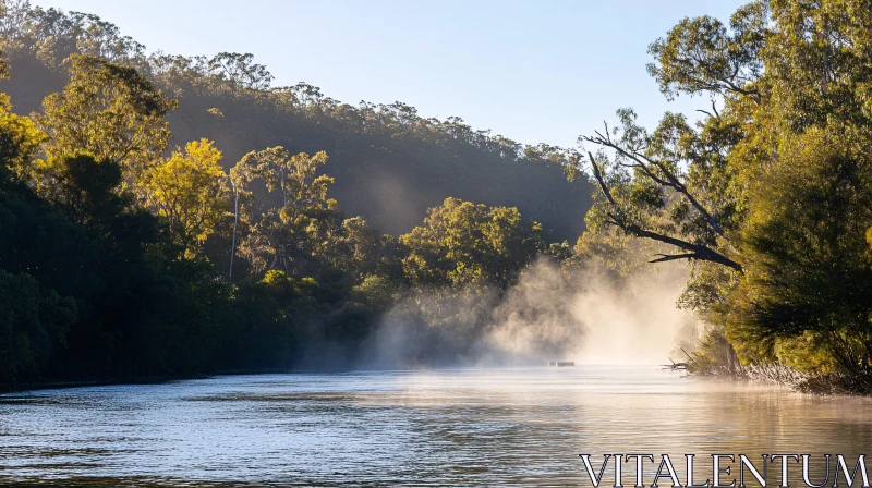 AI ART Peaceful Morning by the River with Mist and Sunlight