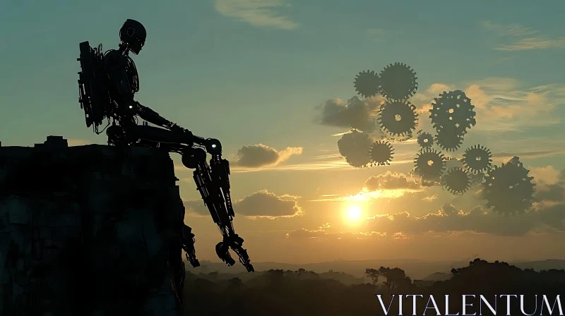 Surreal Scene of a Robot at Sunset with Floating Mechanical Gears AI Image